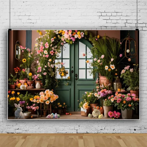 Vista 2 de YongFoto Telón de fondo de Pascua de 5 x 3 pies, huevos de conejito de Pascua, flores verdes para puerta, arco, resurrección, domingo, gran día