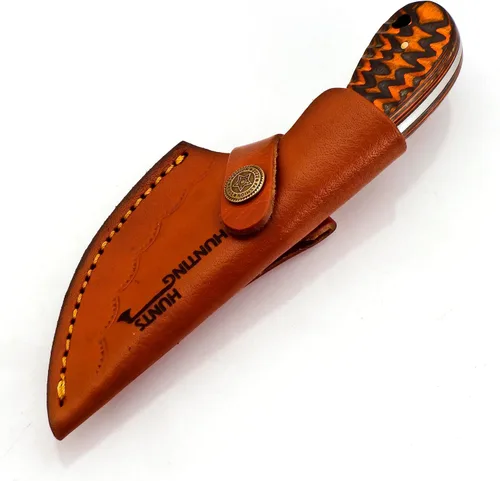 Vista 6 de Predator Hunter - Cuchillo de damasco hecho a mano con funda de cuero, para desollar, acampar, al aire libre, cuchillos de bushcraft EDC de hoja