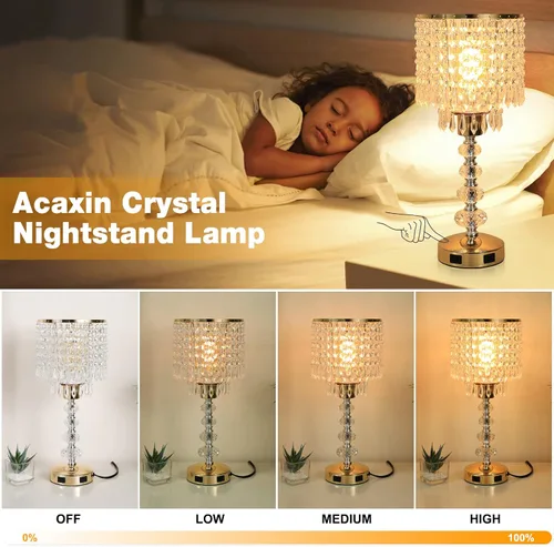 Vista 9 de Lámpara de mesa de cristal con control táctil, regulable de 3 vías, lámpara pequeña para mesita de noche con 2 puertos de carga USB, lámpara de mesa