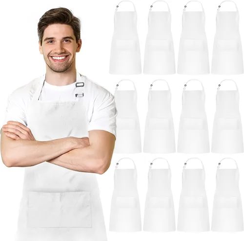 Vista 14 de Adjustable Bib Apron 100% Polyester Kitchen Aprons Waterdrop Resistant Aprons with Adjustable Strap, Pockets & Long Ties