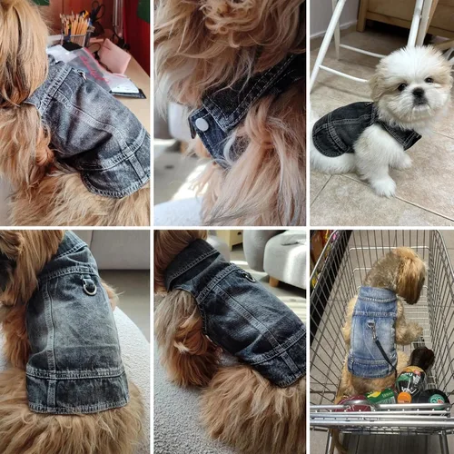 Vista 4 de Chaqueta de mezclilla para perros pequeños, con anillo en D, ropa para Negro