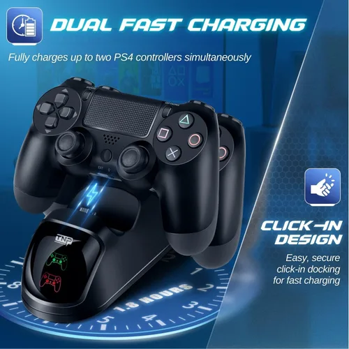 Vista 2 de TNP PS4 Controller Charging Station Dock Stand PS-4 Dualshock Control Gamepad USB Port Dual Charger Cradle Base with Cable & LED Indicator for Sony