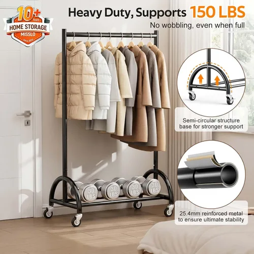Vista 2 de MISSLO Perchero de ropa resistente con ruedas para colgar ropa, abrigos, ropa, vestidos, negro, 30 pulgadas de ancho