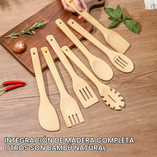 Vista 7 de [7 piezas] Las cucharas de madera para cocinar son para toda la cocina. Hechas de madera de bambú, espátula de madera y cuchara de madera de 11.8