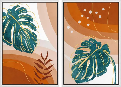 Vista 9 de SIGNFORD Lienzo enmarcado para pared, juego de arte geométrico retro de mediados de siglo, plantas forestales, ilustraciones con formas abstractas