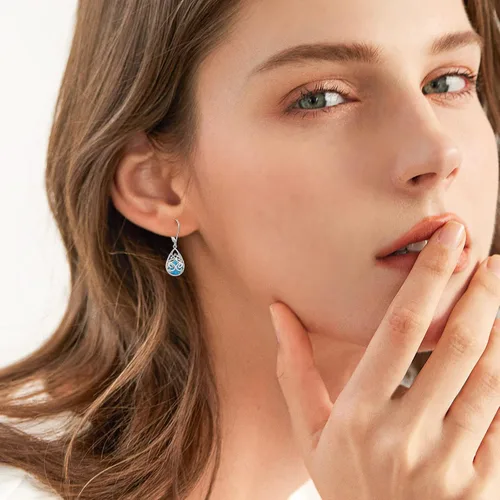 Vista 2 de Aretes colgantes de plata de ley 925 con filigrana de margarita loto rosa piedra lunarópalo palanca lágrima para mujer nudo celta infinito joyería