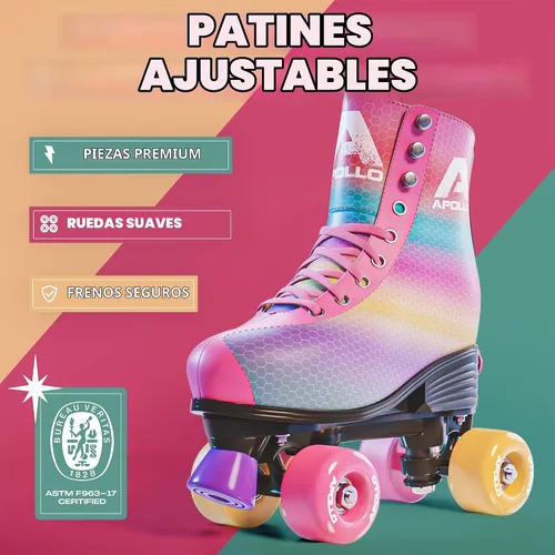 Vista 2 de APOLLO Patines de ruedas – Patines retro para niñas y mujeres – Patines cuádruples ajustables con tacón alto – Disco Quads Reina bailando