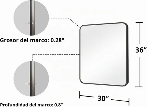Vista 8 de Koonmi Espejo de baño, 30 x 36 pulgadas, espejo con marco de metal negro para baño, vidrio templado, antioxidante, espejo rectangular redondeado