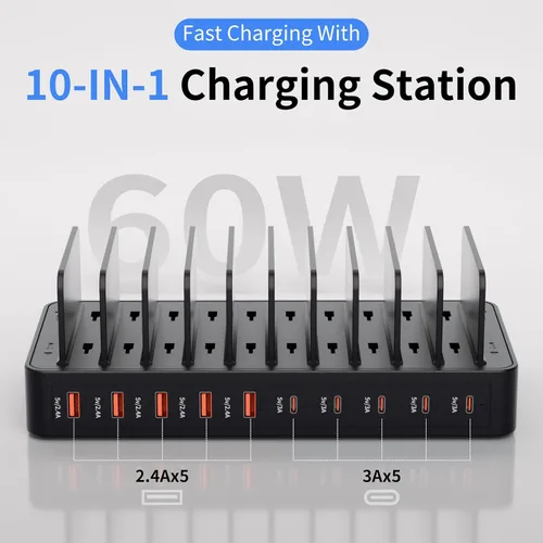 Vista 2 de Estación de carga de 60 W para múltiples dispositivos, estación de carga rápida USB de 10 puertos con divisores ajustables, base de carga