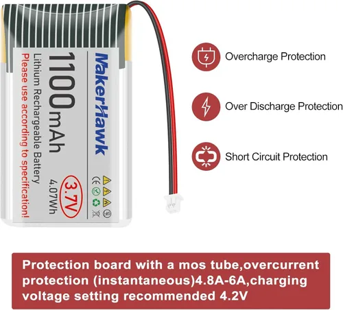 Vista 6 de MakerHawk Batería LiPo de 3.7 V 1100 mAh recargable 1S 102540 Batería de polímero de litio con placa de protección cinta de goma aislada, enchufe