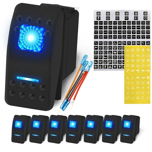Vista 7 de DaierTek Interruptor basculante de barra de luz LED y luces traseras, interruptor basculante azul 12V/24V 20A/10A 5 pines marino con cables