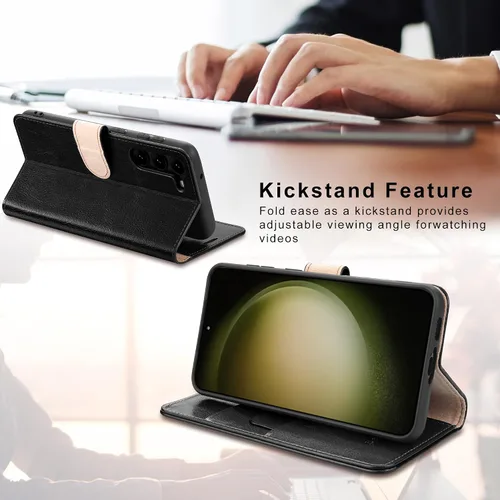 Vista 5 de Belemay Funda tipo cartera para Samsung Galaxy S24 – Funda protectora de piel auténtica con tapa – Tarjeteros con bloqueo RFID – Funda para teléfono