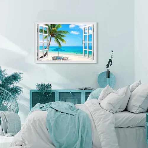 Vista 3 de Woxfcart Arte de pared de palmera de playa, imagen de escena del océano con impresiones de ventana para decoración de sala de estar azul y verde