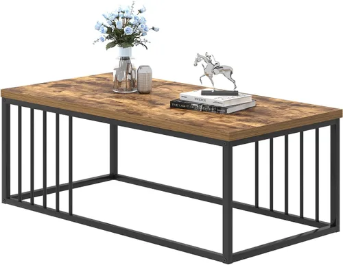 Vista 8 de FOLUBAN Mesa de café, moderna mesa de sala de estar de madera y metal, mesa de té rectangular industrial, marrón rústico, 43.3 pulgadas