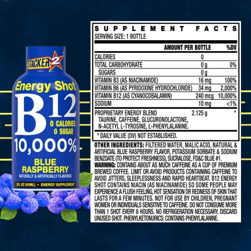 Vista 2 de Stacker 2 Blue Raspberry B12 Energy Shot, 2 onzas (paquete de 24)