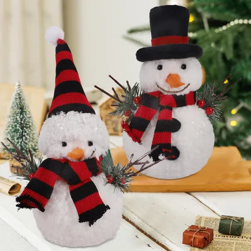 Vista 4 de winemana Decoración de mesa de Navidad, juego de 2 muñecos de nieve con ramitas de cono de pino, decoración de mesa de invierno para interiores