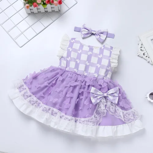 Vista 4 de Vestido tutú de verano para niña, sin mangas, a cuadros, vestido de fiesta de cumpleaños, vestido de fiesta con lazo de flores y diadema