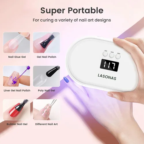 Vista 7 de LASONAS Lámpara de uñas LED UV para esmalte de gel de 24 W, luz UV, 3 ajustes de temporizador, secado rápido, mini lámpara de curado portátil