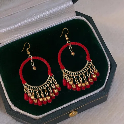 Vista 6 de Pendientes colgantes de gota hechos a mano, creativos, coloridos, bohemios, con cuentas étnicas gitanas, aretes de borla para mujer
