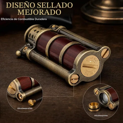 Vista 4 de Encendedor de queroseno vintage con rueda de pedernal con funda de palisandro, latón antiguo a prueba de viento, encendedor de gasolina fresca