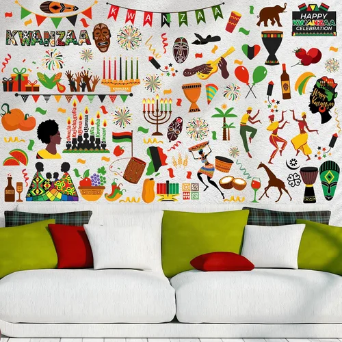 Vista 8 de Qeeenar 101 calcomanías Kwanzaa para ventana, calcomanías de vinilo para decoración de pared, calcomanías de vinilo Kinara, velas afroamericanas