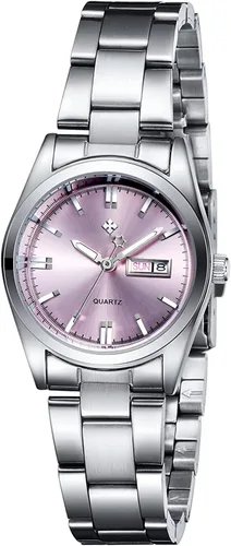 Vista 9 de Relojes para mujeres, cuarzo analógico, plateados, de acero inoxidable, luminosos, impermeables, reloj de vestir para damas negro (021 Black)