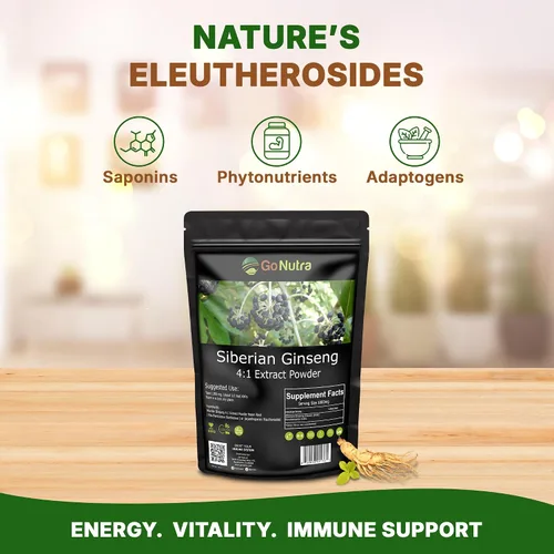 Vista 2 de Go Nutra Ginseng siberiano - Polvo de raíz de Eleuthero Extracto 4:1 4 veces más fuerte Apoya la energía y la resistencia Natural