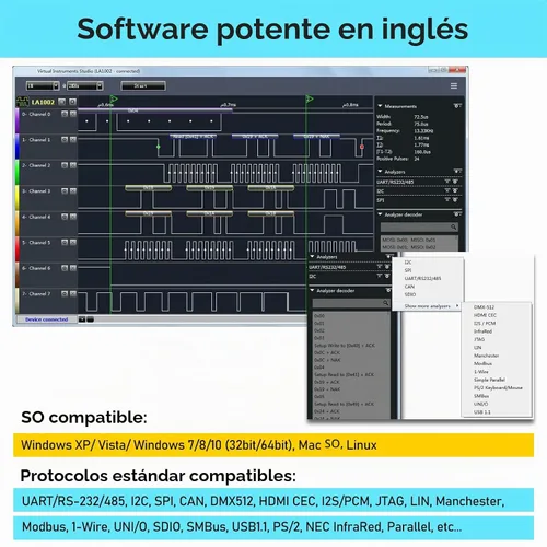 Vista 3 de LA1010 Analizador USB de lógica 16 canales de entrada 100MHz con el software PC en inglés Instrumento de mano, compatible con Windows (32bit/64bit)