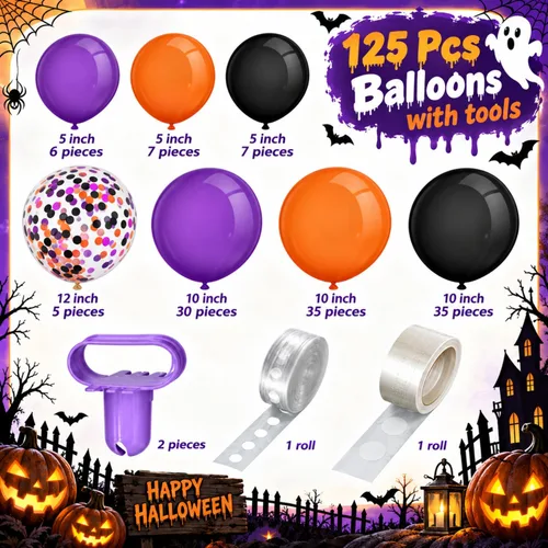 Vista 3 de Gejoy Kit de guirnalda de globos de Halloween de 129 piezas, negro, naranja
