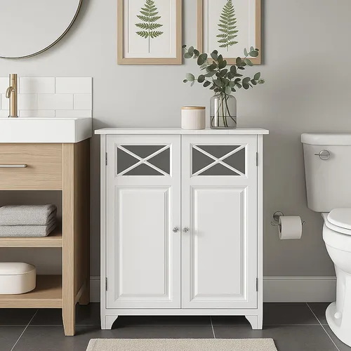 Vista 2 de Elegant Home Fashions Dawson gabinete sobre piso, Blanco Gabinete de corte cruzado