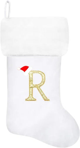 Vista 122 de Calcetines de Navidad bordados de 20 pulgadas con monograma, terciopelo negro con puño de felpa blanca supersuave, adornos clásicos para decoración