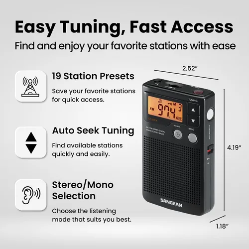 Vista 11 de Sangean DT-200X FM Stereo/AM Digital Tuning Pocket Radio Negro
