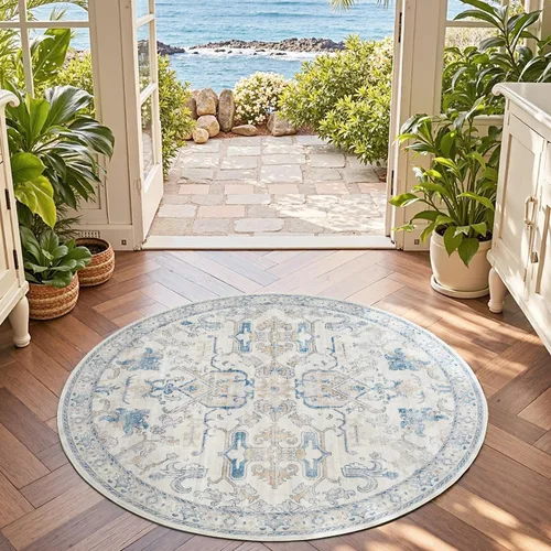 Vista 380 de jinchan Lima - Alfombra simétrica floral geométrica lavable, alfombra de entrada de medio círculo de 2 x 3, alfombra de media luna, suave y Azul