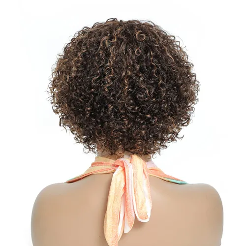 Vista 4 de Peluca de cabello humano rizado estilo Bob para mujeres negras, 150% de densidad, mezcla de castaño caoba, peluca corta sin pegamento por