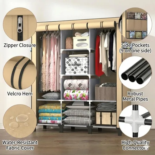 Vista 2 de Armario portátil con 10 estantes de almacenamiento y 2 postes para colgar, 18 bolsillos laterales no tejidos, tamaño 51.2 x 17.7 x 67.7 in, Beige