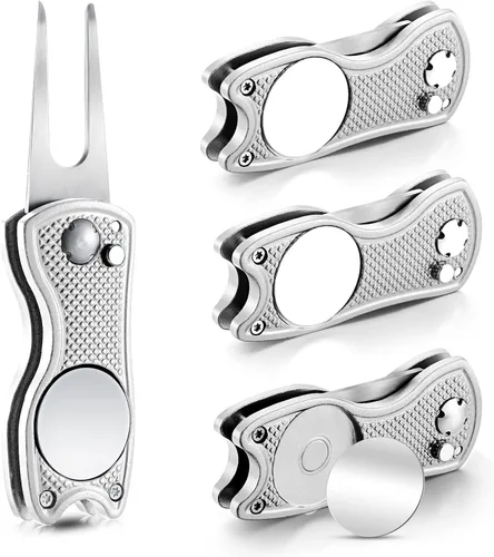 Vista 10 de Skylety 4 piezas herramienta de reparación de divot de golf plegable de metal con botón emergente magnético, marcador de bolas de acero inoxidable