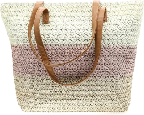 Vista 7 de Bolso grande de paja para mujer, tejido de ratán, bolso de playa de verano, a rayas
