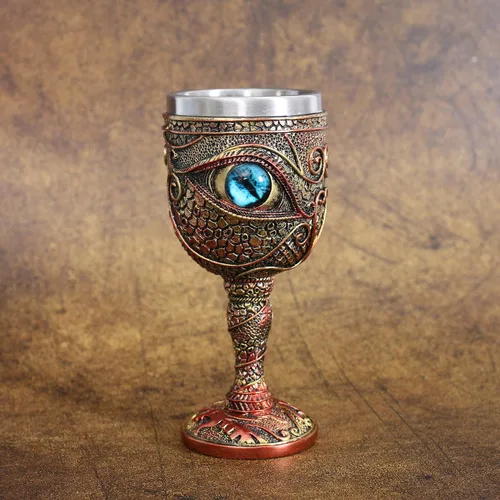 Vista 4 de Cáliz de vino de acero inoxidable El Ojo del Dragón, copas de vino medievales de dragón de Dungeons and Dragons, 7 onzas. Regalo para hombres