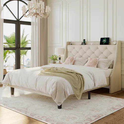 Vista 7 de Einhomn Base de cama de tamaño matrimonial con cabecera de almacenamiento copetuda con botones en la parte trasera y puertos tipo CA, plataforma