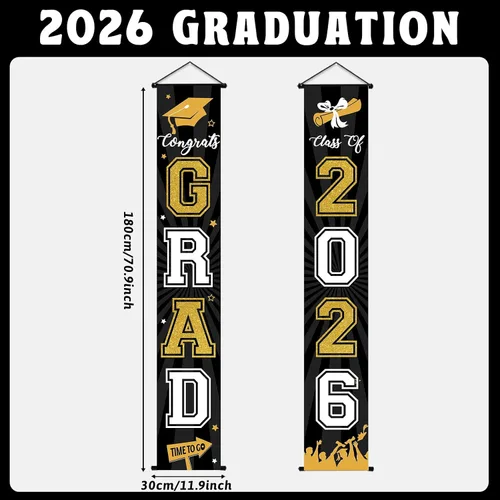 Vista 2 de Cartel de graduación 2026, decoraciones de graduación negro y dorado, letrero de porche de clase de 2026, decoración de puerta de felicitaciones