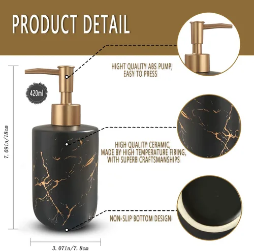 Vista 6 de Dispensador de jabón de cerámica de mármol negro con bomba dorada para baño y cocina, dispensador de platos recargable, dispensador de jabón líquido