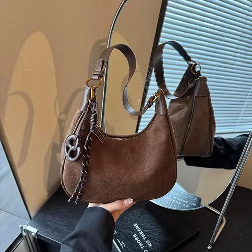 Vista 6 de Bolsos de hombro de gamuza Crescent para mujer, bolso vintage de ante marrón 2025
