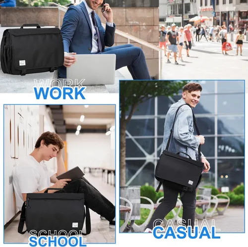 Vista 2 de VASCHY Bolsa de mensajero para hombre, resistente al agua, maletín para laptop, bolsa de trabajo, bolso cruzado para mujer, universidad, Negro