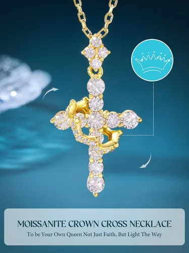 Vista 6 de YIMERAIRE Collar de Cruz Corona de Moissanita Mejorado Oro Vermeil de 14K 1.1 Quilates Delicado Helado Joyería de Cruz de Fe Cristiana Plata de Ley