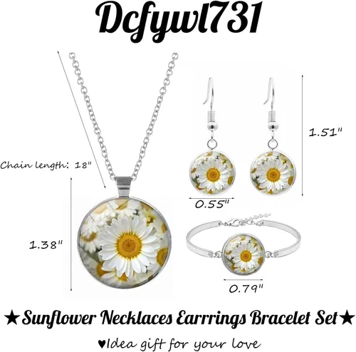 Vista 2 de Dcfywl731 Juego de collares y aretes de girasol, juego de collar con colgante de girasol para mujer, resina de perlas de girasol, bohemio, collar