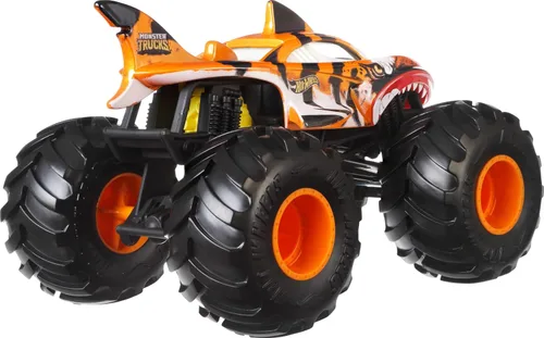 Vista 4 de Hot Wheels Monster Trucks, camión monstruo de gran tamaño, camión de juguete fundido a presión a escala 1:24 con ruedas gigantes y diseños geniales