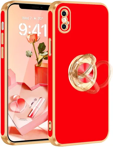 Vista 9 de Fingic Funda para iPhone X, iPhone Xs con soporte de anillo, soporte magnético giratorio de 360°, chapado en oro, borde dorado, delgada, suave, TPU