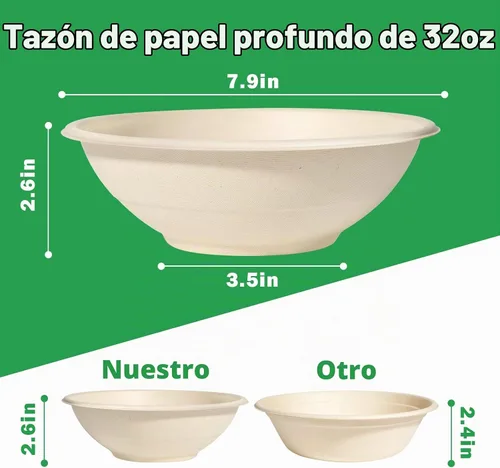 Vista 7 de Cuencos de papel grandes de 32 onzas, paquete de 50 unidades, resistentes, biodegradables y aptos para microondas, cuencos de bagazo ecológicos