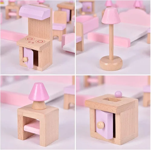 Vista 6 de Juego de 22 piezas de muebles de casa de muñecas de madera - Baño, cocina, dormitorio, sala de estar, juego de 4
