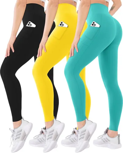 Vista 19 de Blisset - Paquete de 3 leggings de cintura alta para mujer con bolsillos, pantalones suaves y activos para control de abdomen, ideales para yoga